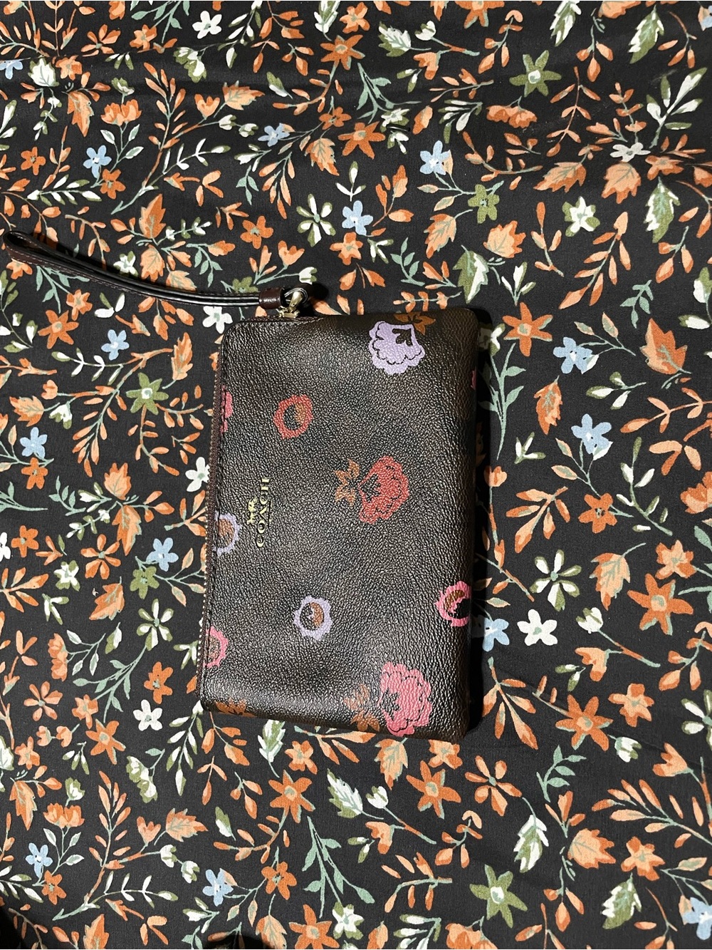 Coach Black Floral Zip Wristlet with Pink & Lavender Accents